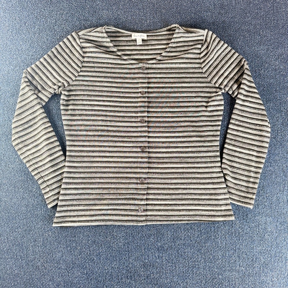 Love Fire Womens XL Long Sleeve Button Front Ribbed Striped Metallic Top Grey